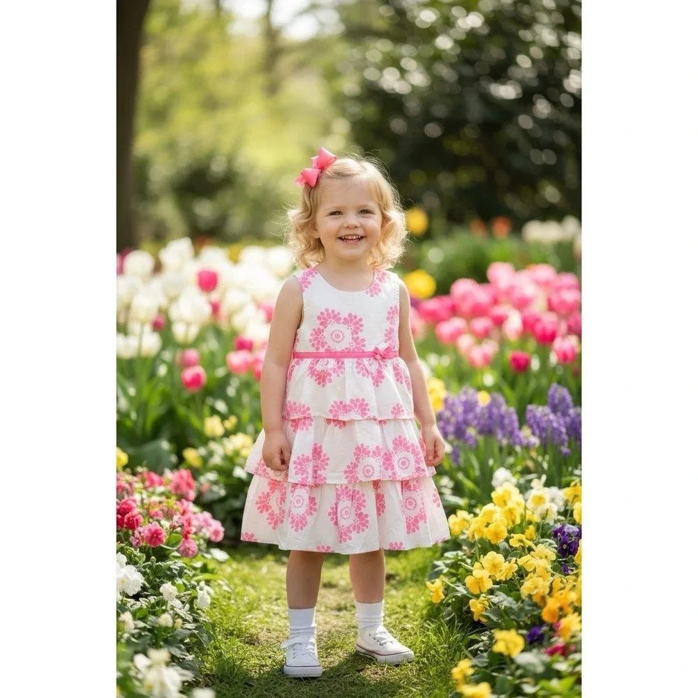 Carter's floral tiered Girls dress pink white floral bow Size‎ 5 EUC Vacation